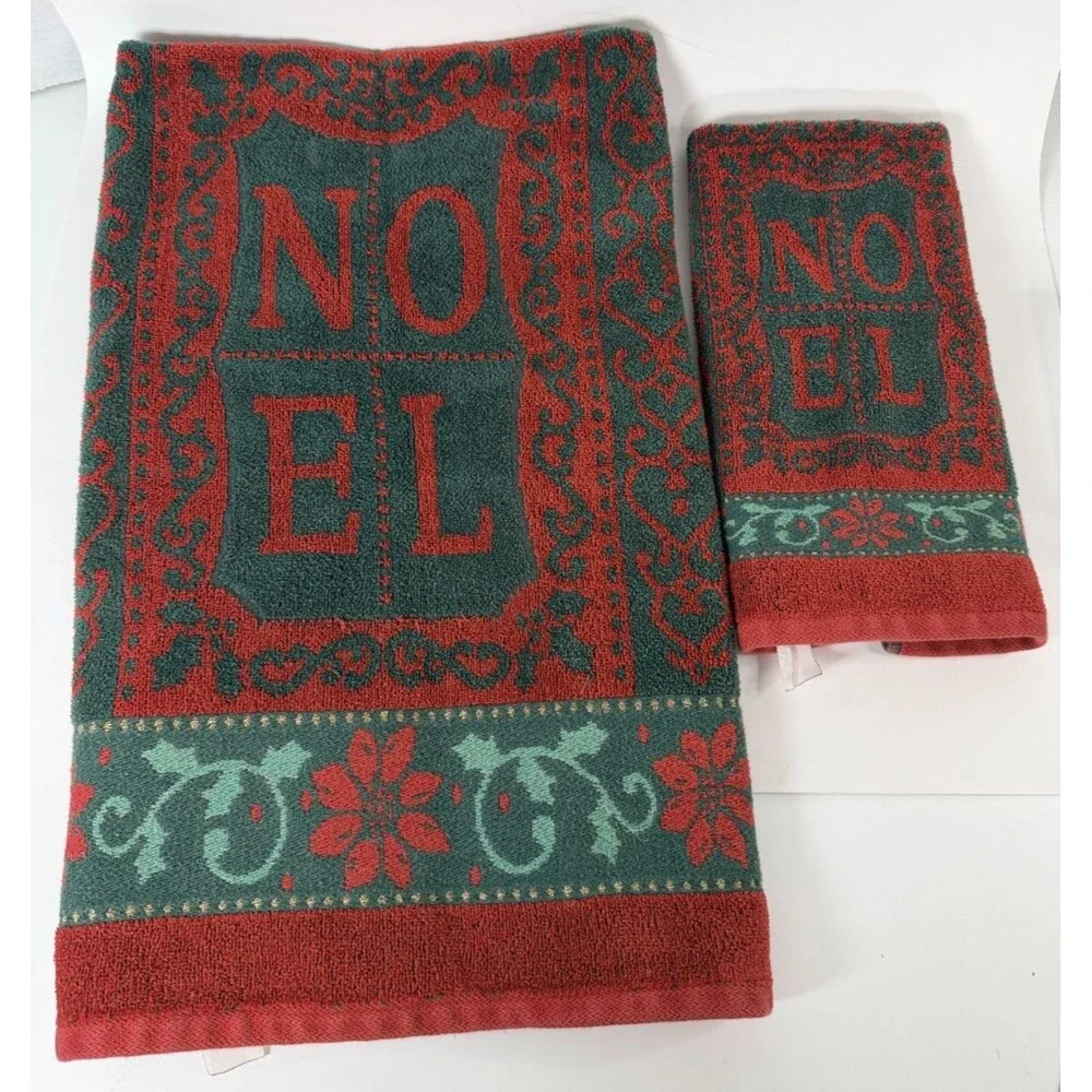 Vtg Christmas Bath Towel Set “NOEL ” Green Red Gold 2Pc (1 bath & 1 Hand)